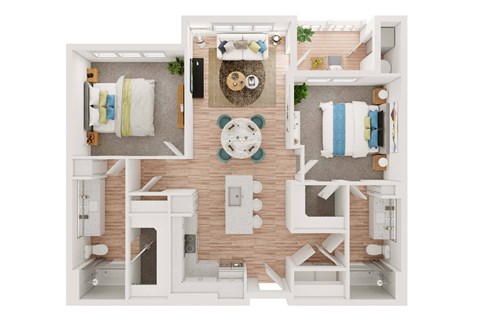 a stylized floor plan of a bedroom with a living room